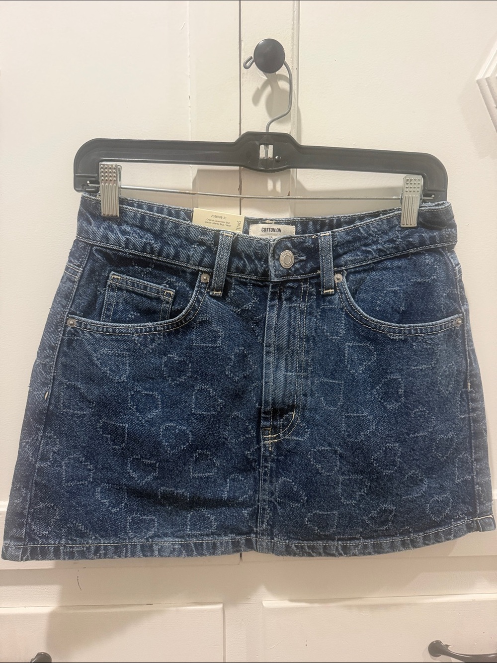 Brand new Cotton-On Blue Heart Jacquard Denim Mid rise Fitted waist Mini Skirt